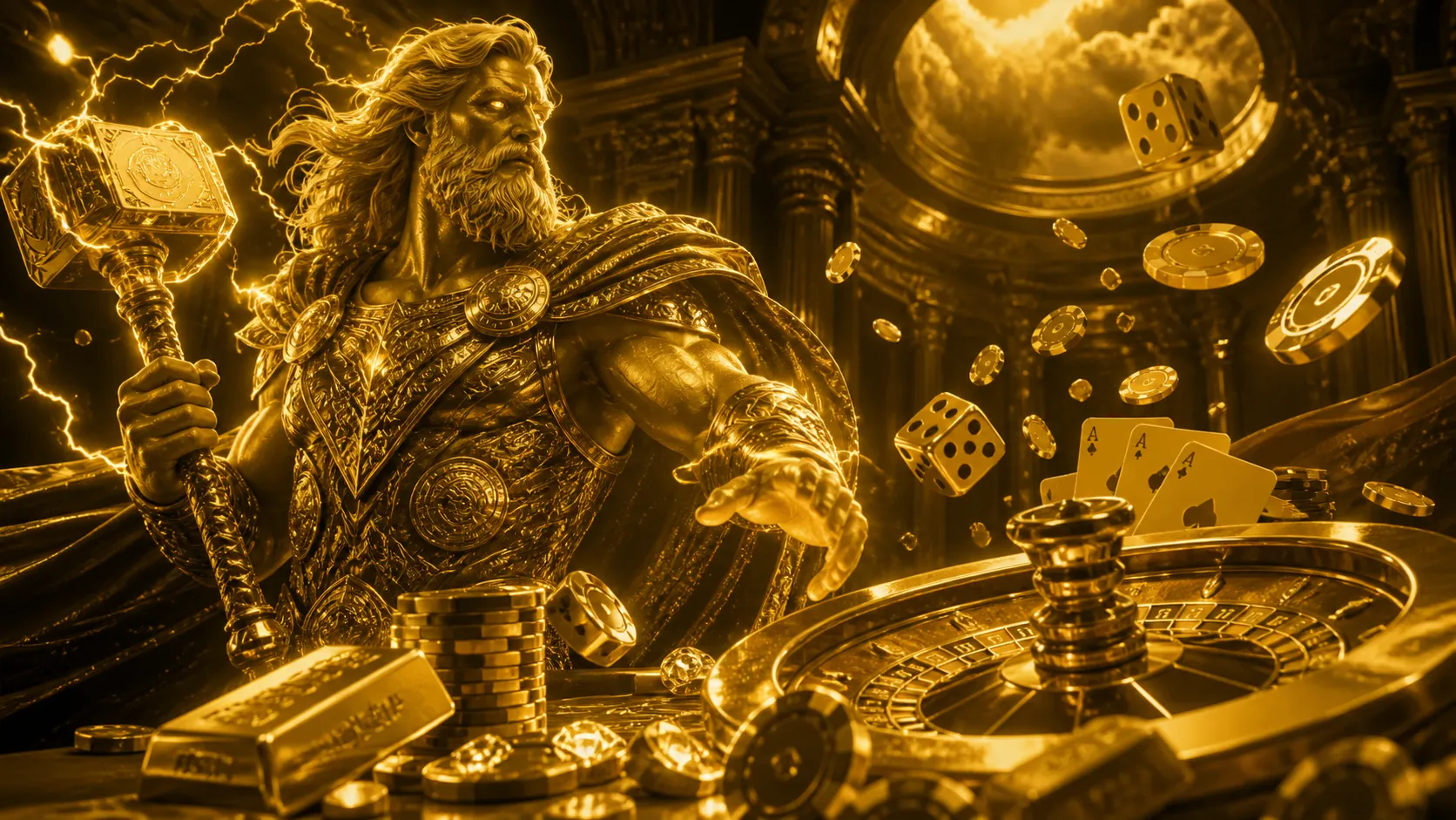 Glossy 3D isometric render of Thor-themed casino items like poker chips and playing cards in a floating composition using a d