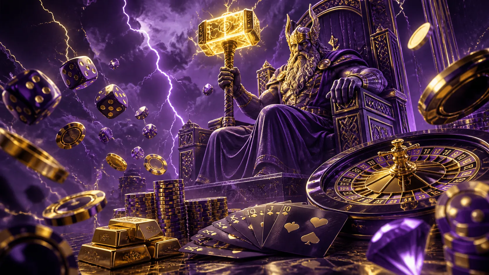 Cinematic hero banner for Thorfortune casino with isometric 3D elements in luxury colors.